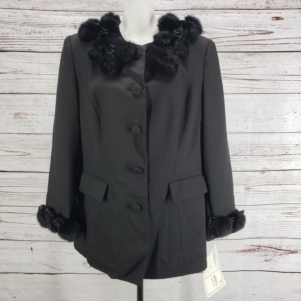Katherine Kay Ltd. New Black Button Up Rabbit Fur Trim Jacket Coat Size 14W